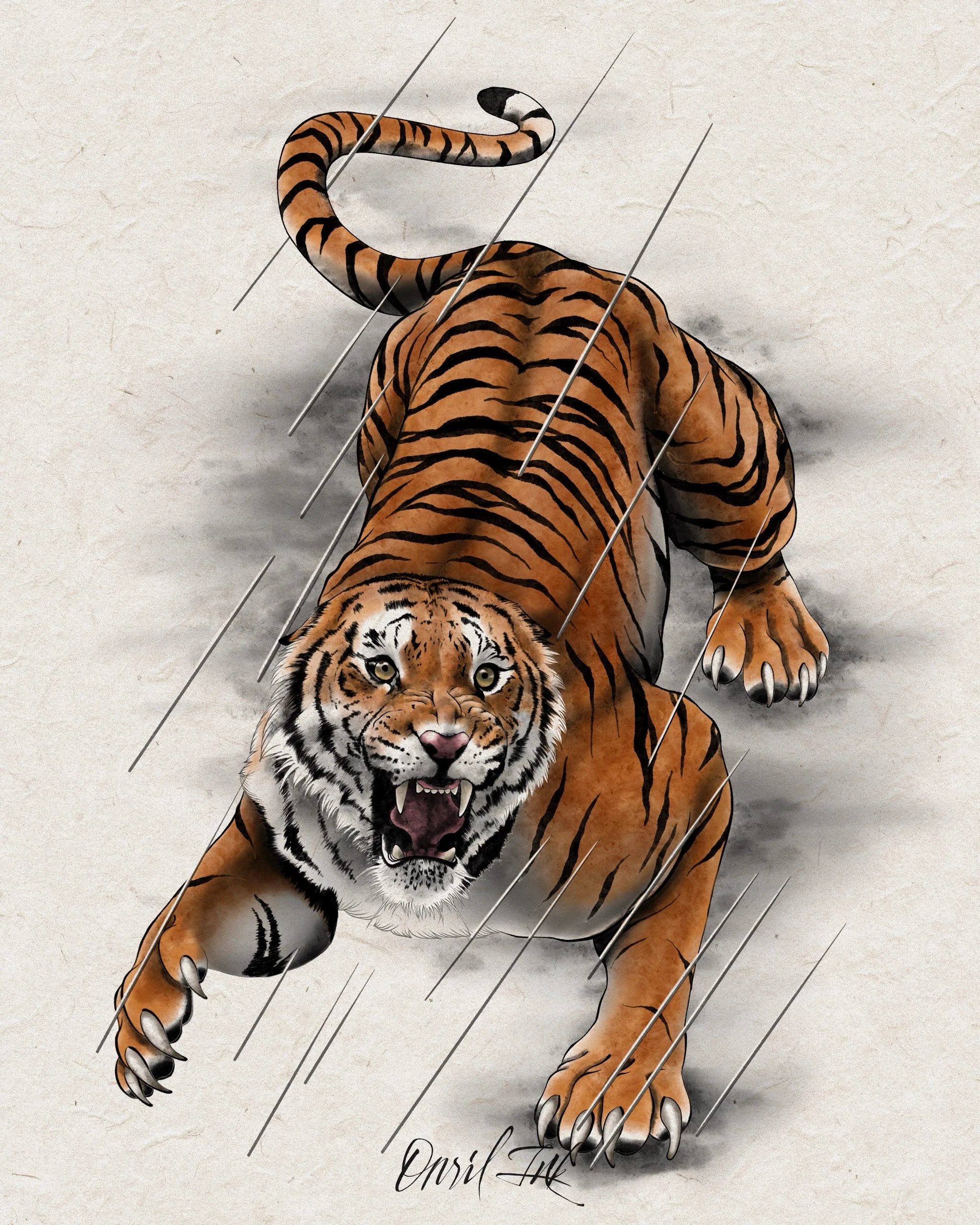 Tiger in the Rain — Korean traditional tattoo by Onsil, color design