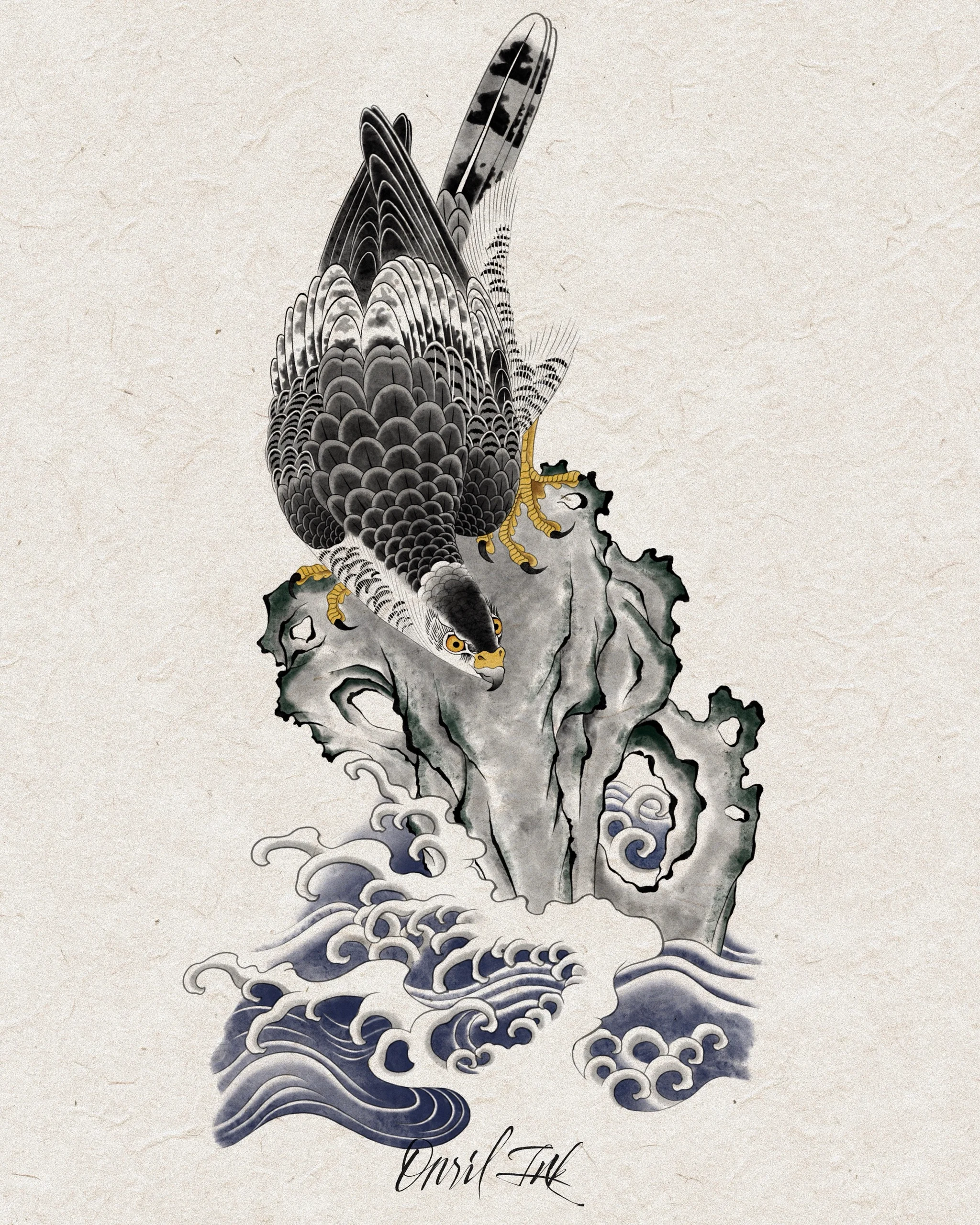 Falcon Over Rock and Waves — Korean traditional tattoo by Onsil, color design