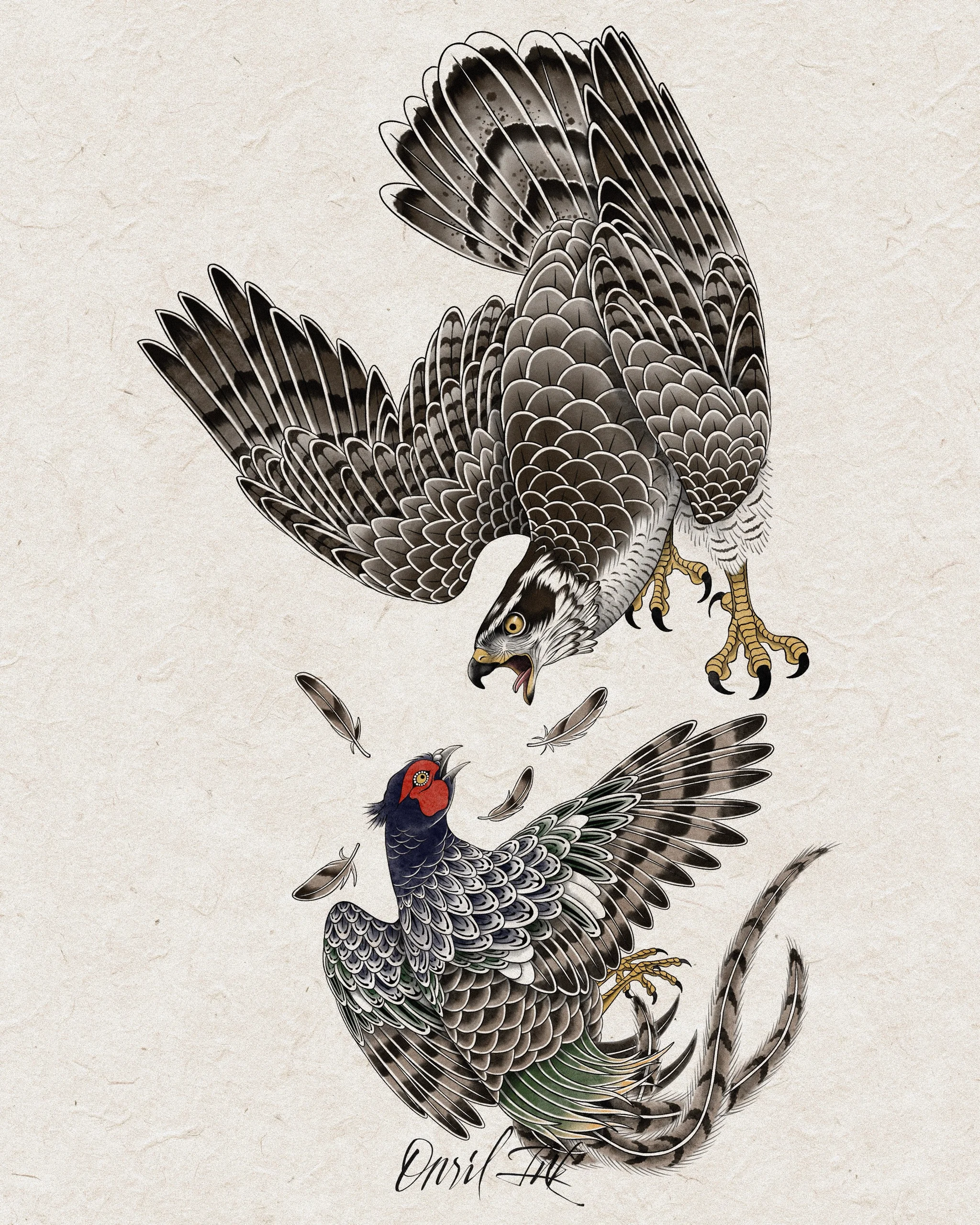 Goshawk & Pheasant — Korean traditional tattoo by Onsil, color design