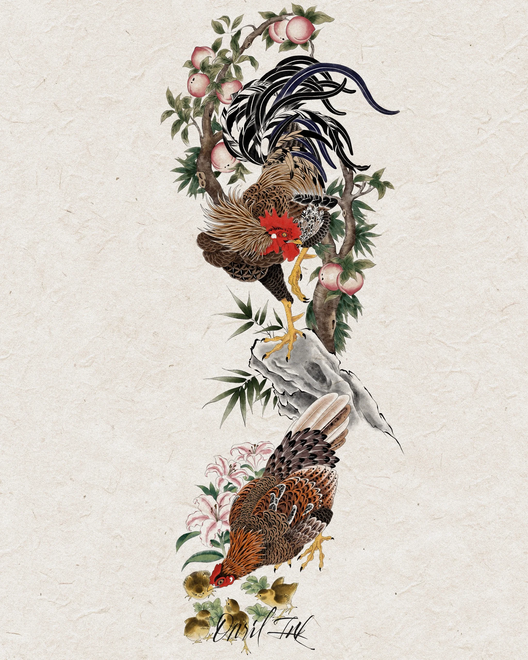 Rooster Family — Korean traditional tattoo by Onsil, color design
