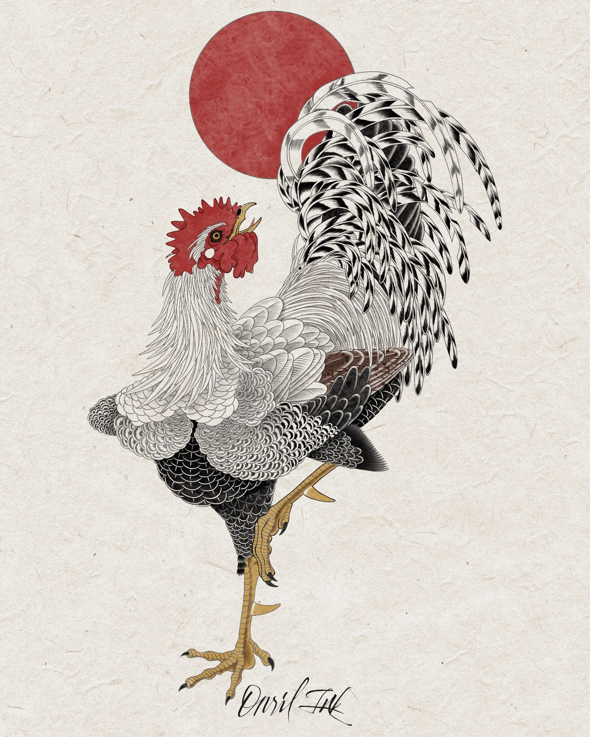 White Rooster & Red Sun