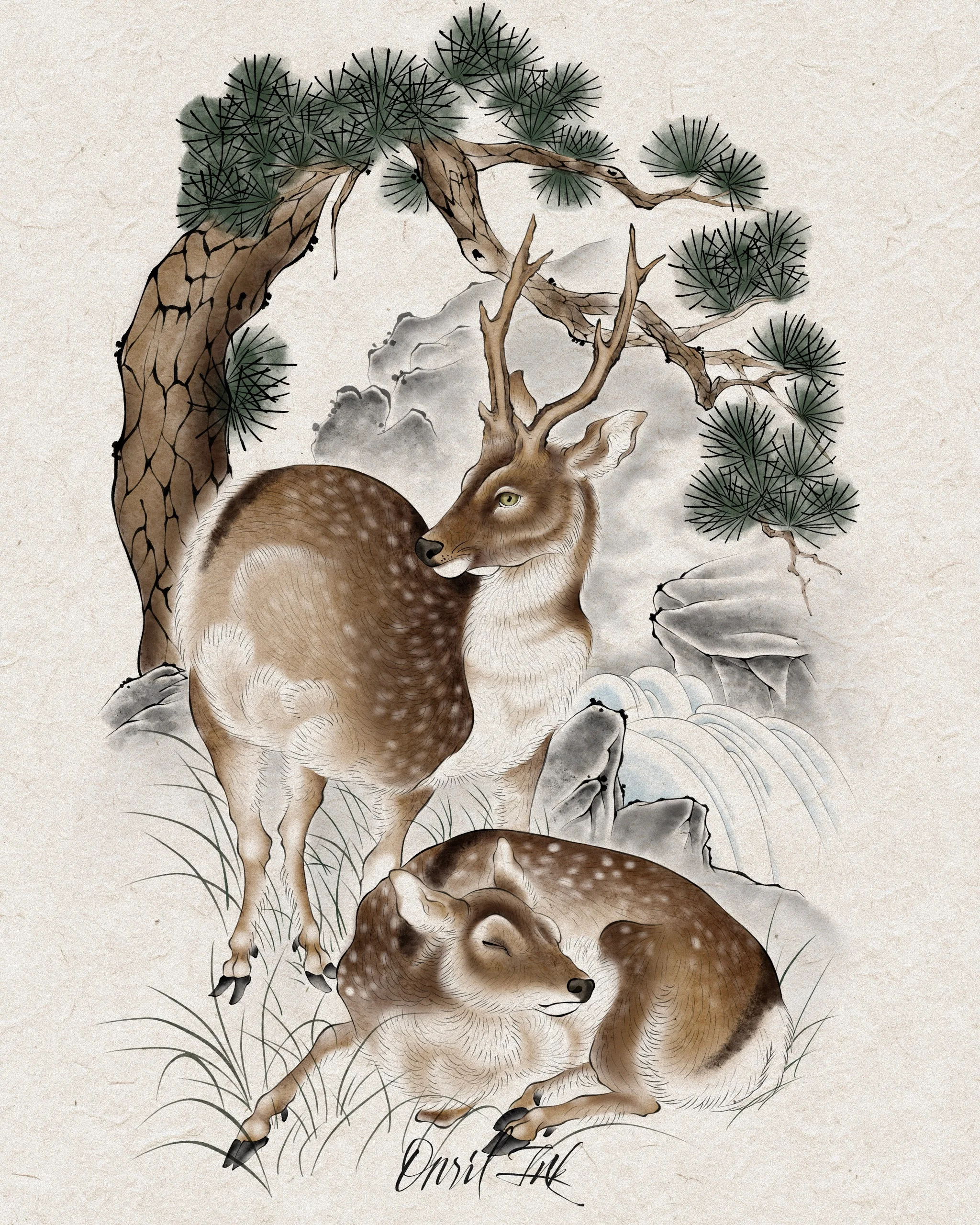 Deer Beneath the Pine — Korean traditional tattoo by Onsil, color design