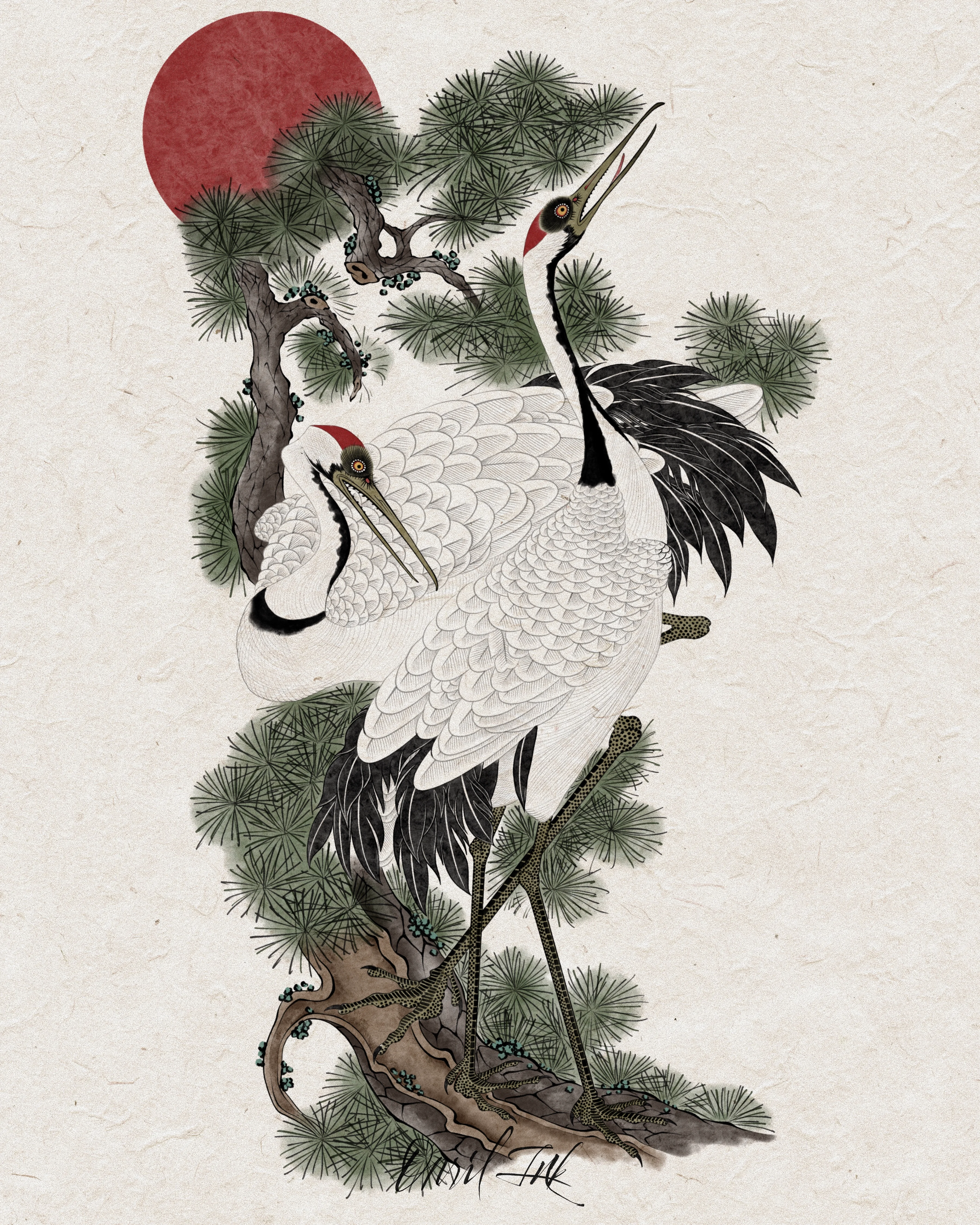 Crane & Pine — color design on hanji paper