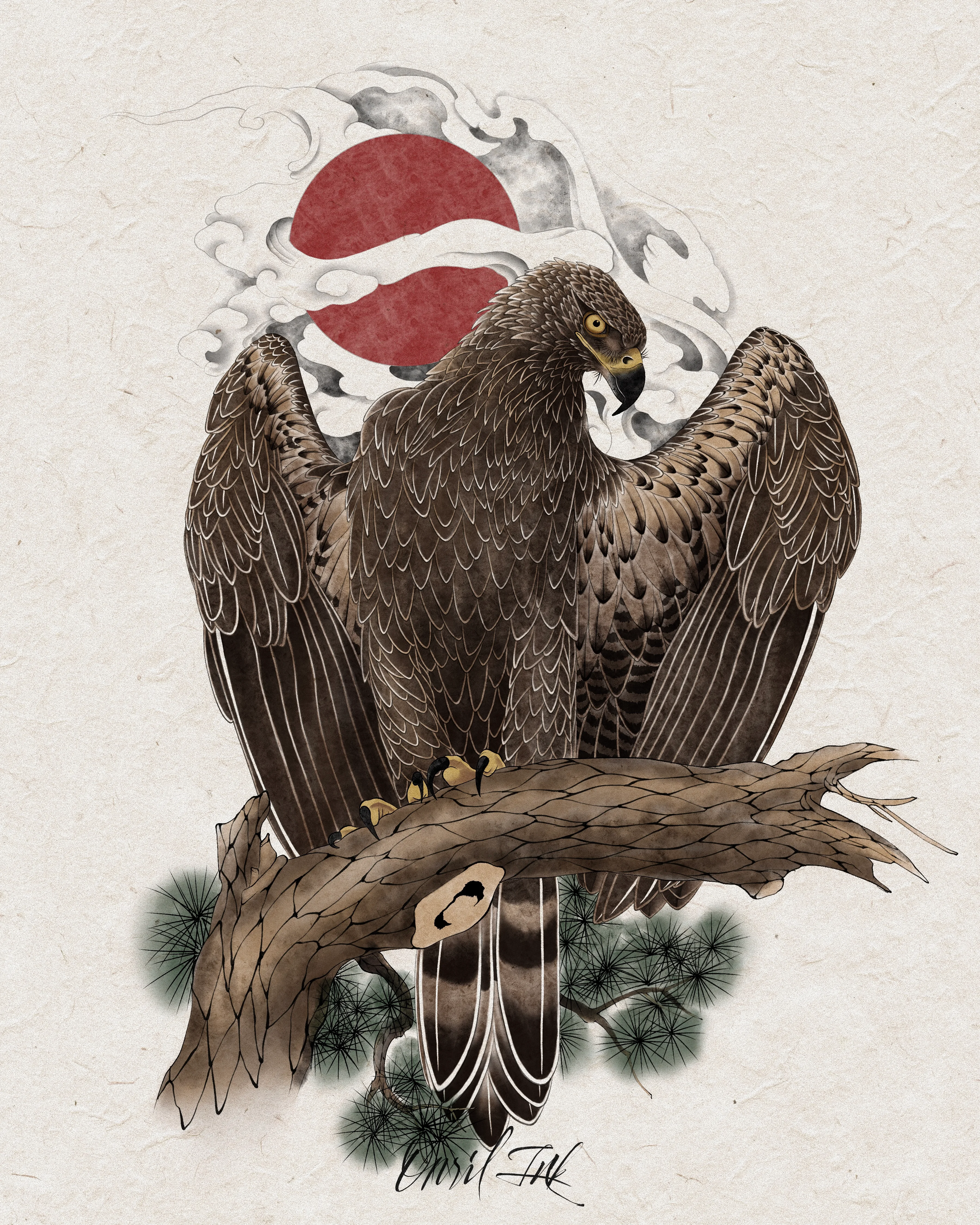 Eagle Above the Pine and Rising Sun