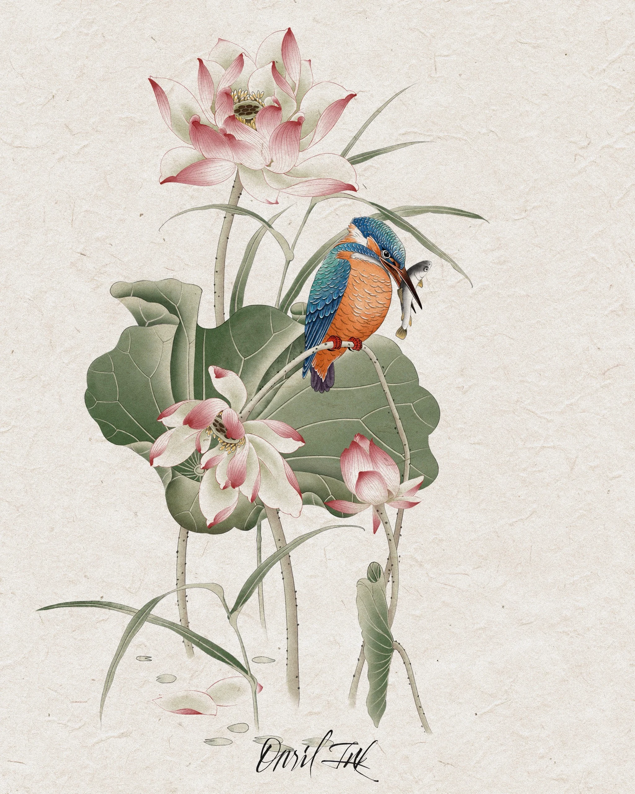 Lotus & Kingfisher — Korean traditional tattoo by Onsil, color design