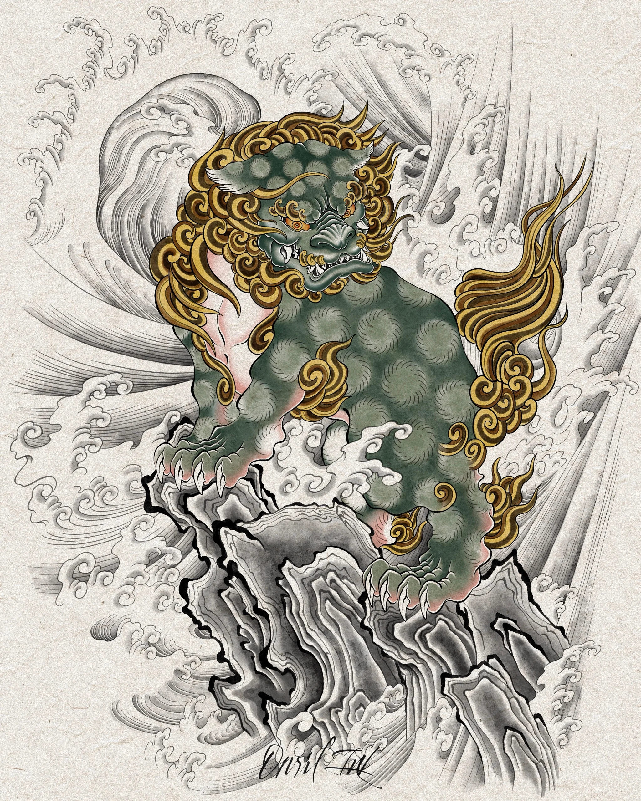 Haetae on Rock and Waves — Korean traditional tattoo by Onsil, color design
