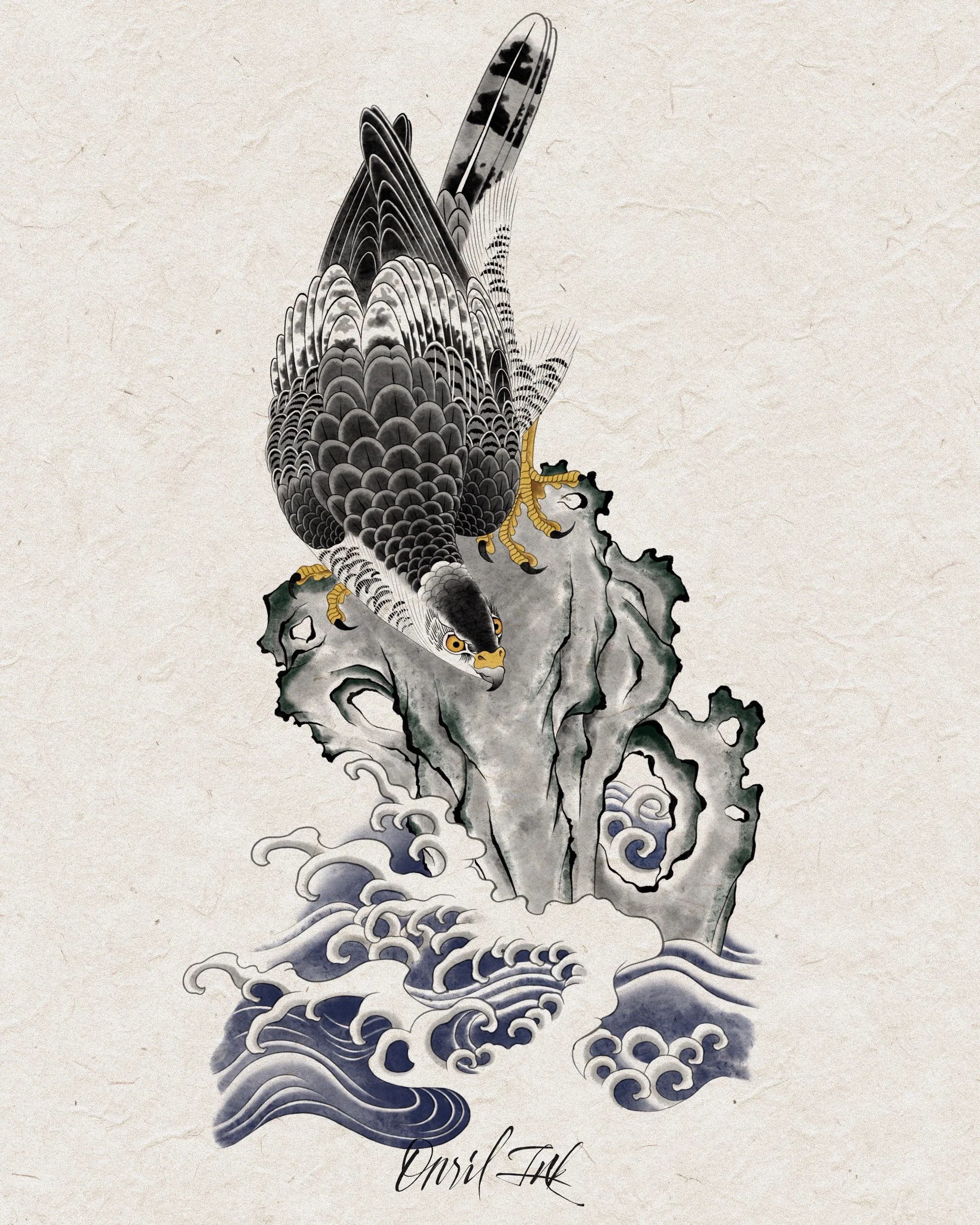 Falcon Over Rock and Waves — Korean traditional tattoo by Onsil, color design