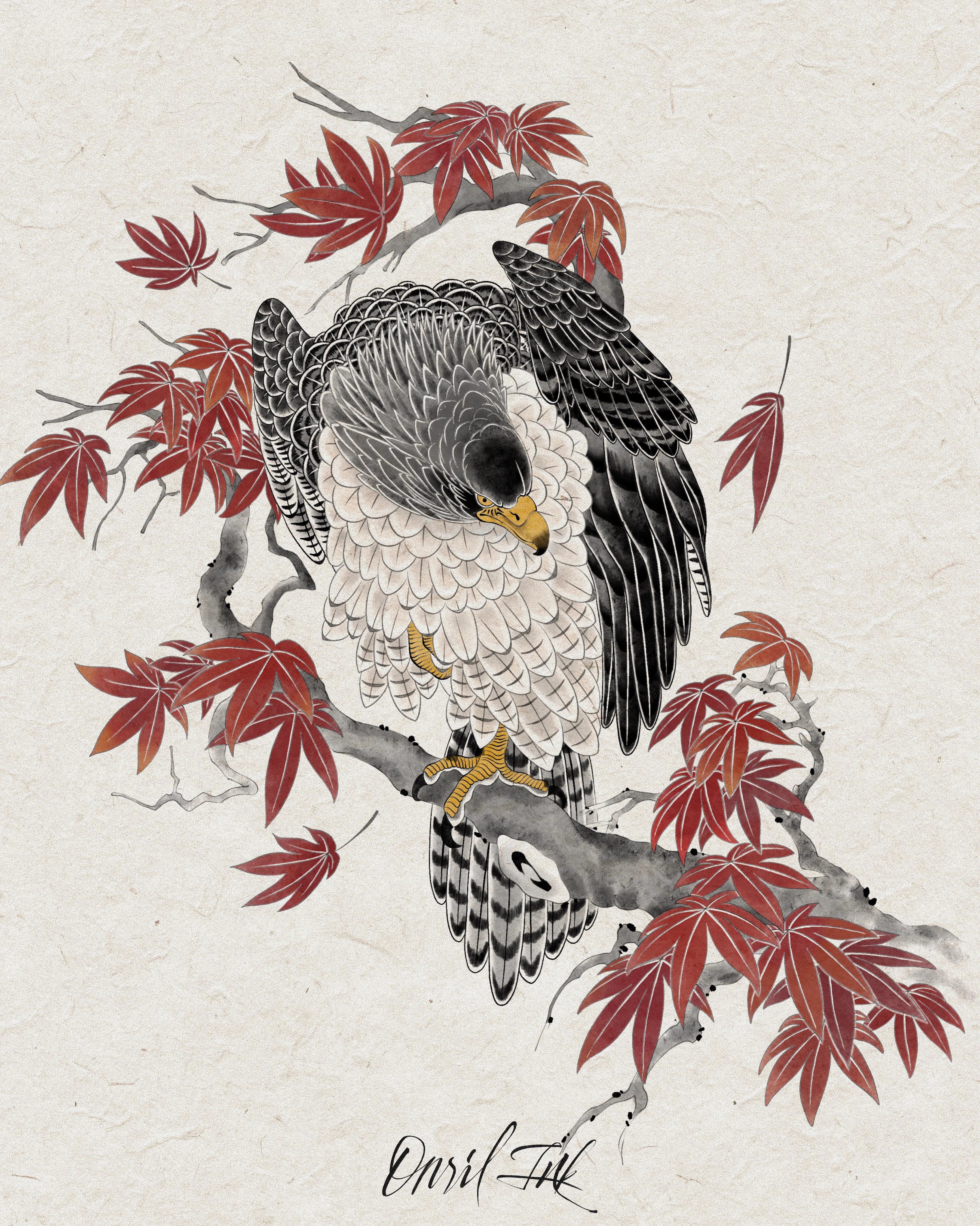 Eagle & Red Maple — original color design on hanji paper