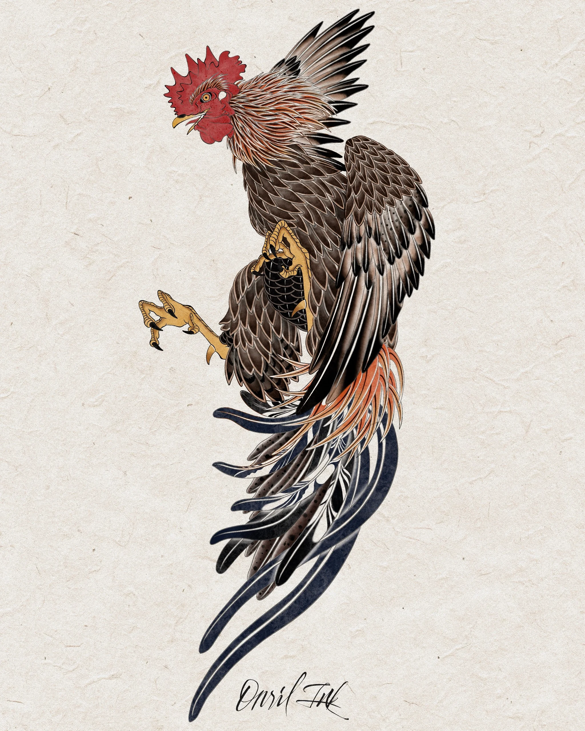 Fighting Rooster — Korean traditional tattoo by Onsil, color design