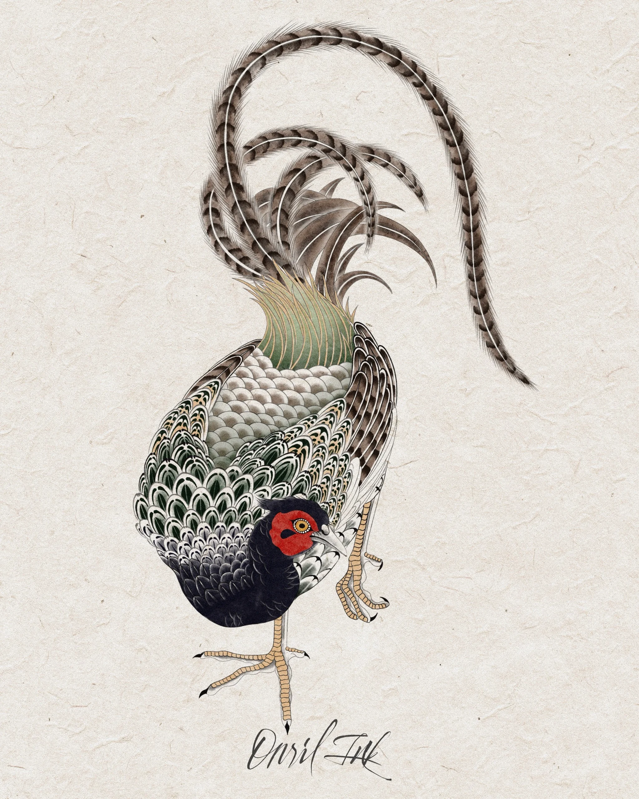 Pheasant — Symbol of Fortune — Korean traditional tattoo by Onsil, color design