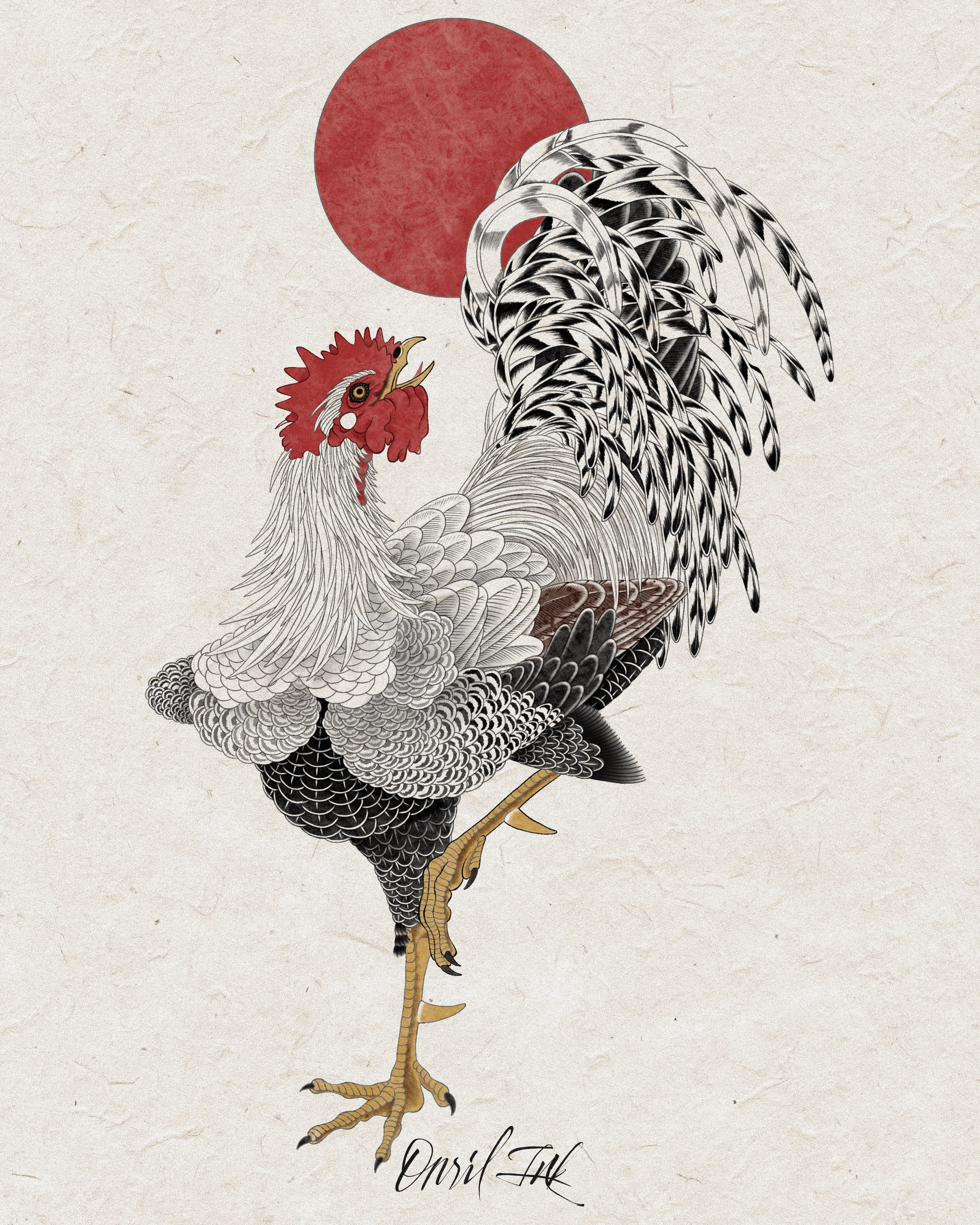 White Rooster & Red Sun