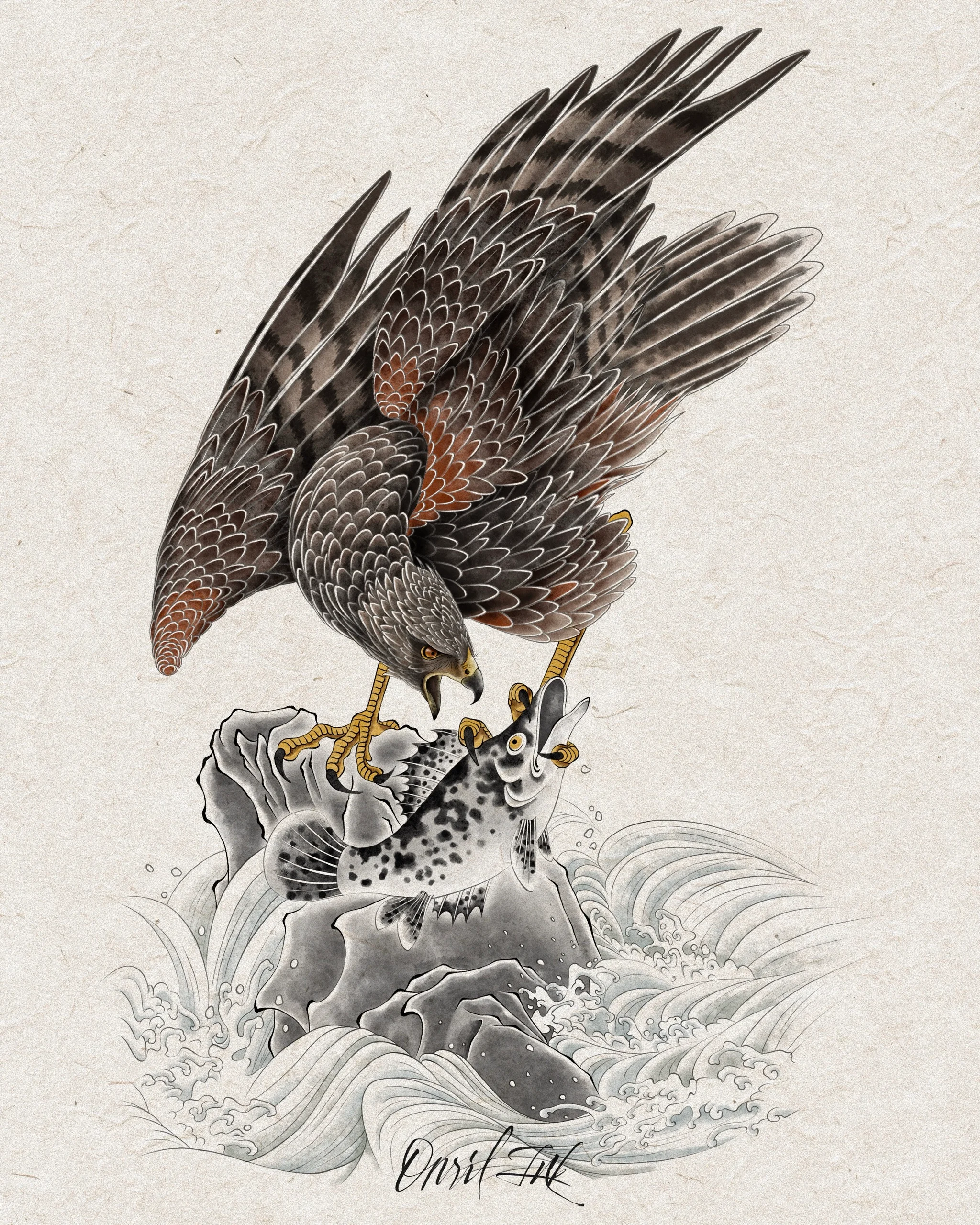 Hawk Over Rock and Waves — Korean traditional tattoo by Onsil, color design