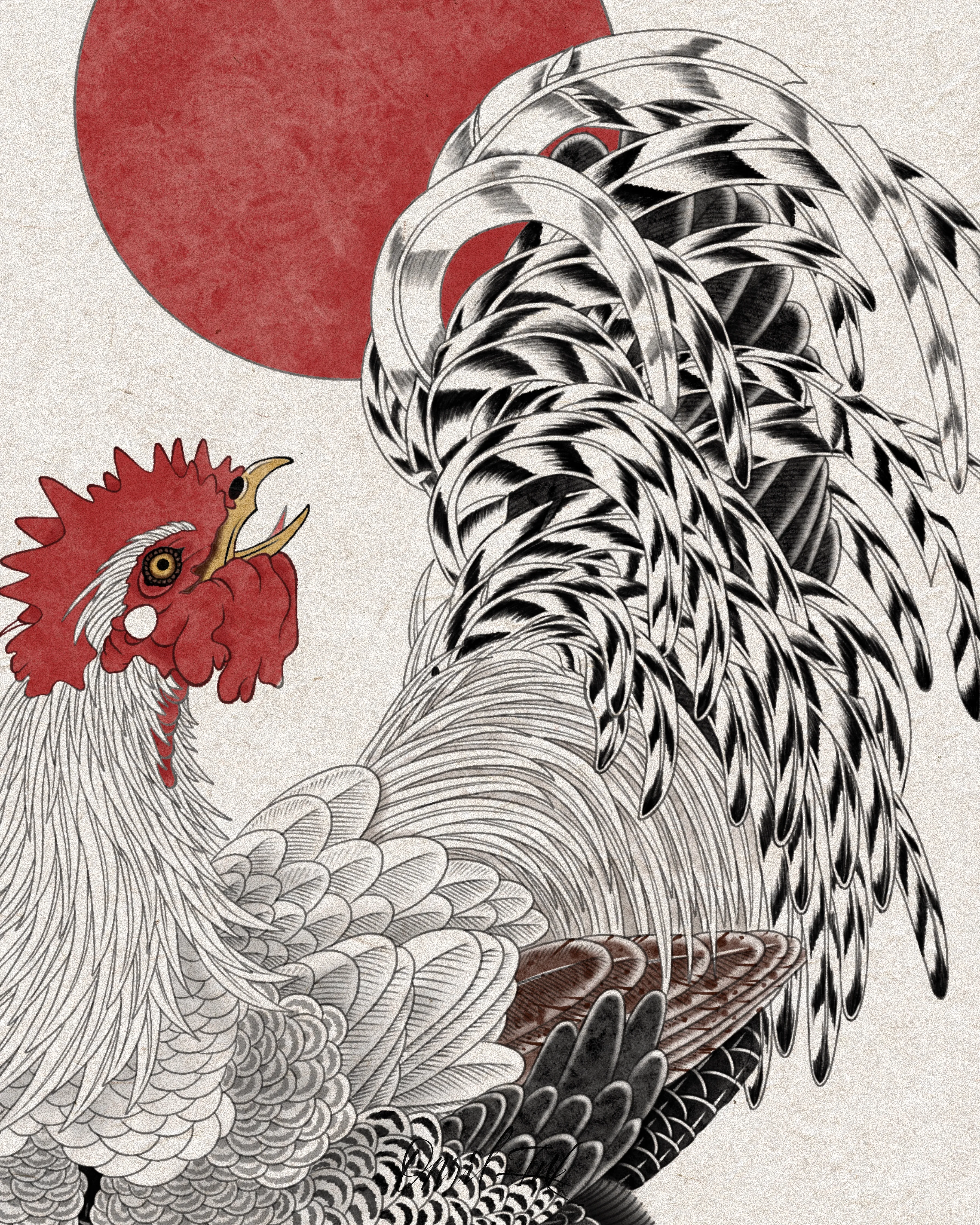 White Rooster & Red Sun — Detail · brushwork
