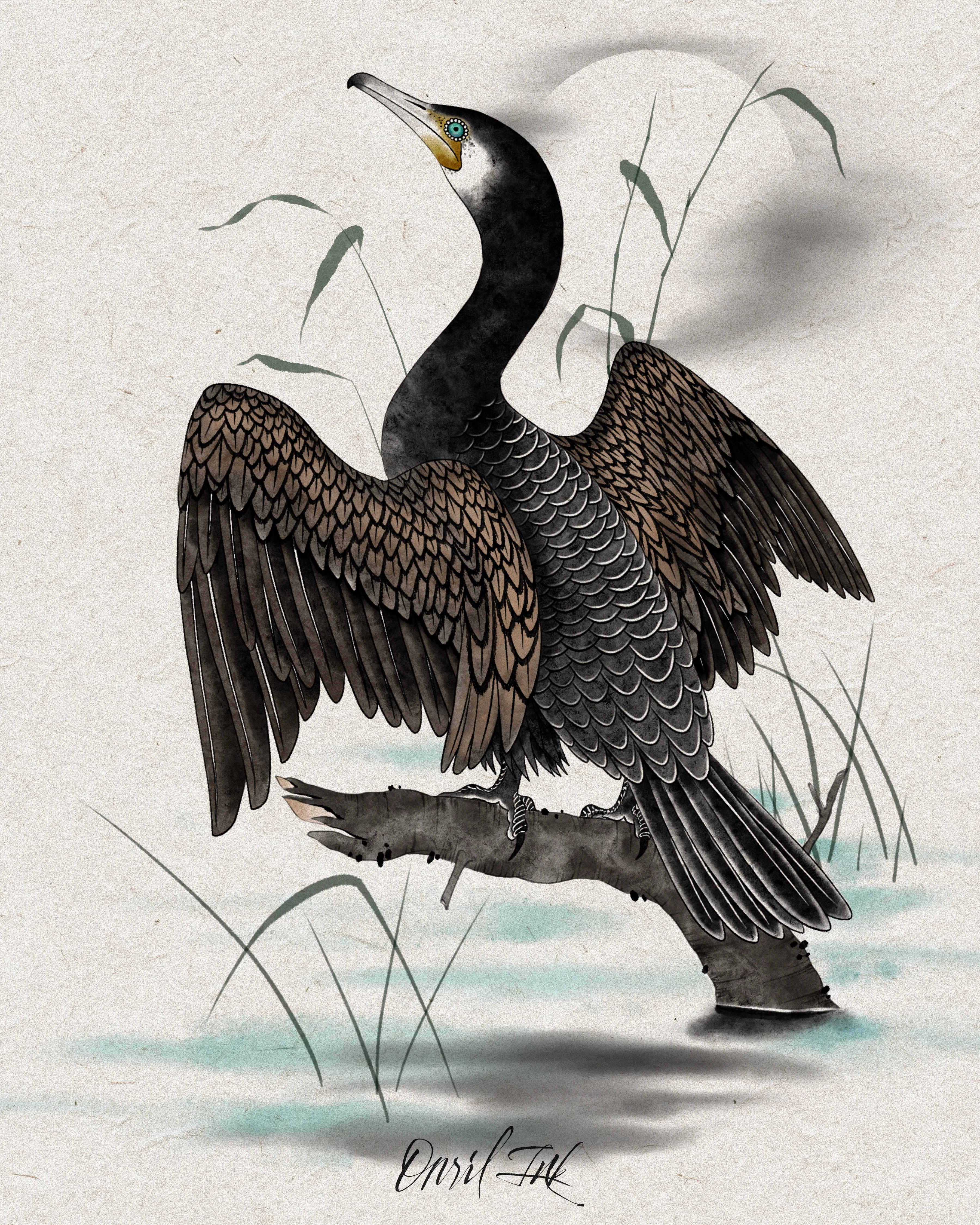 Cormorants — Detail · brushwork