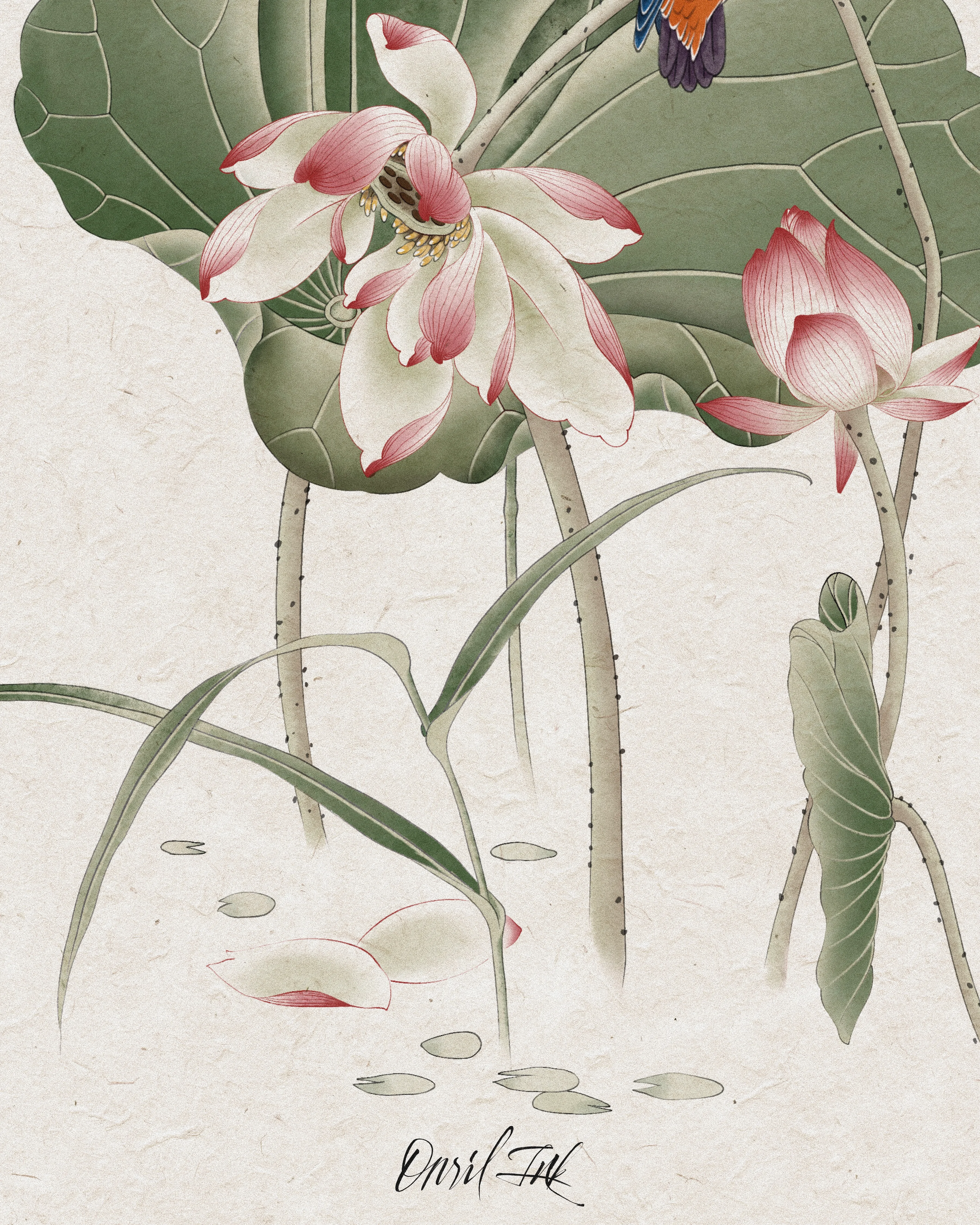 Lotus & Kingfisher — Detail · brushwork