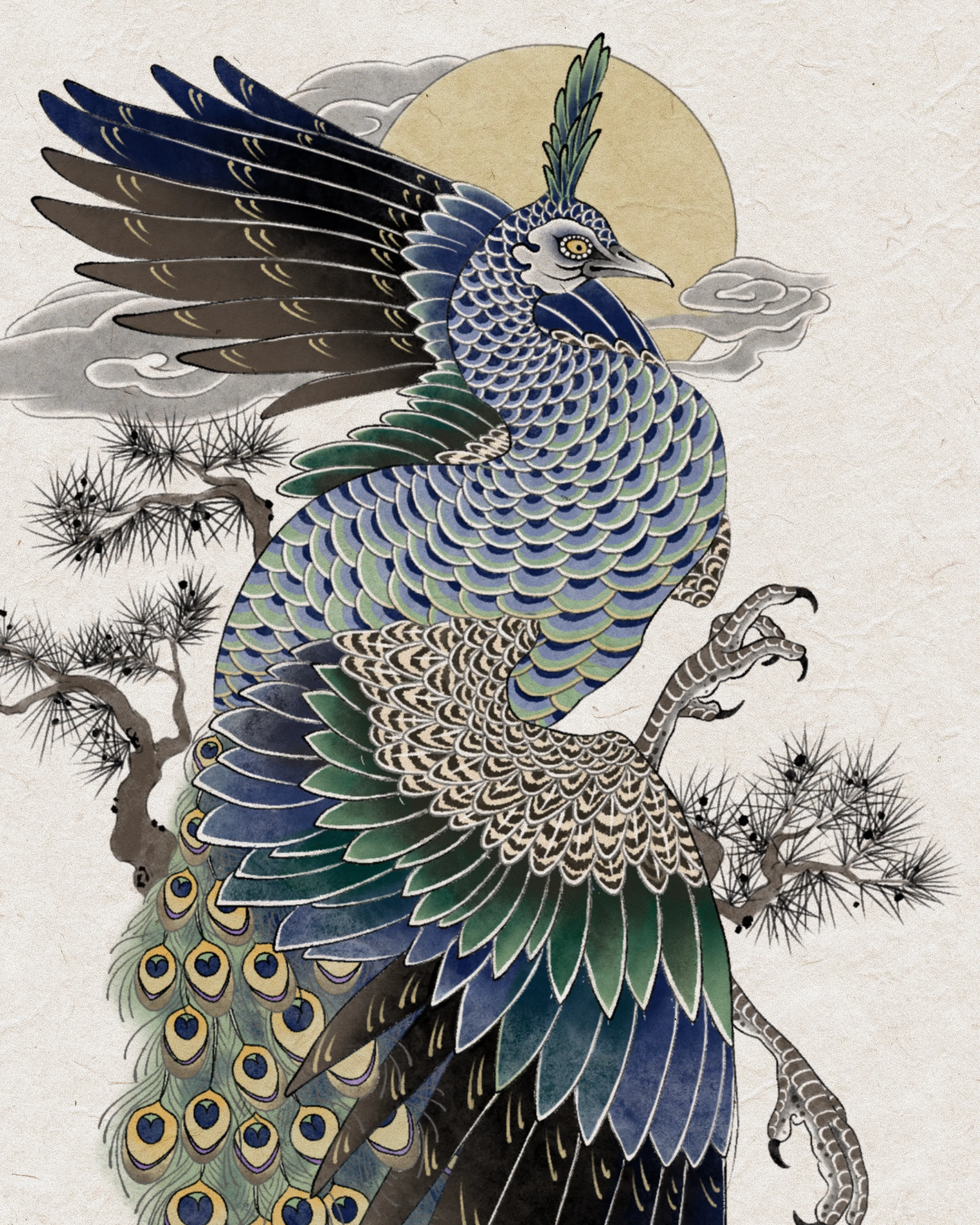 Peacock — Detail · brushwork