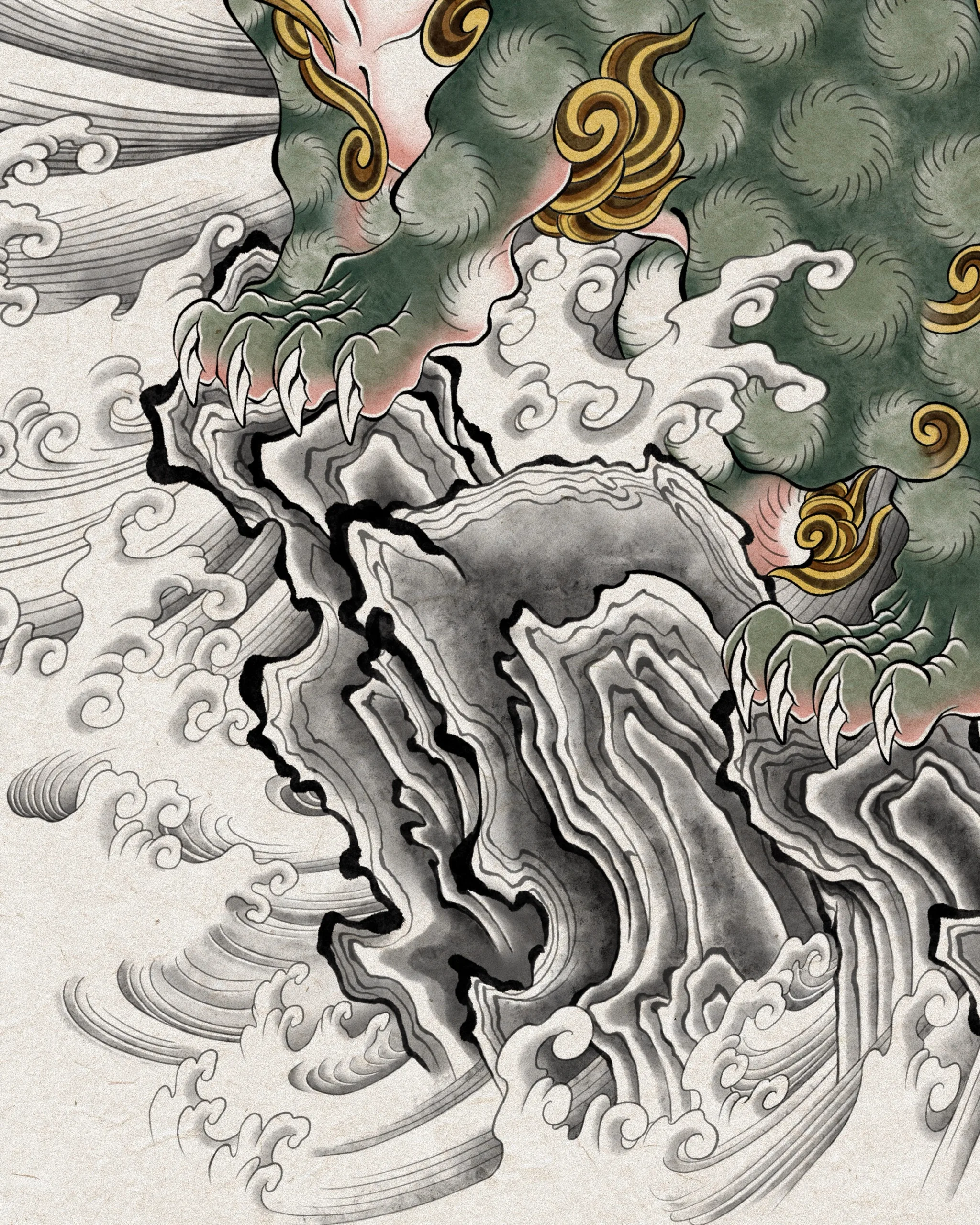 Haetae on Rock and Waves — Haetae tattoo detail