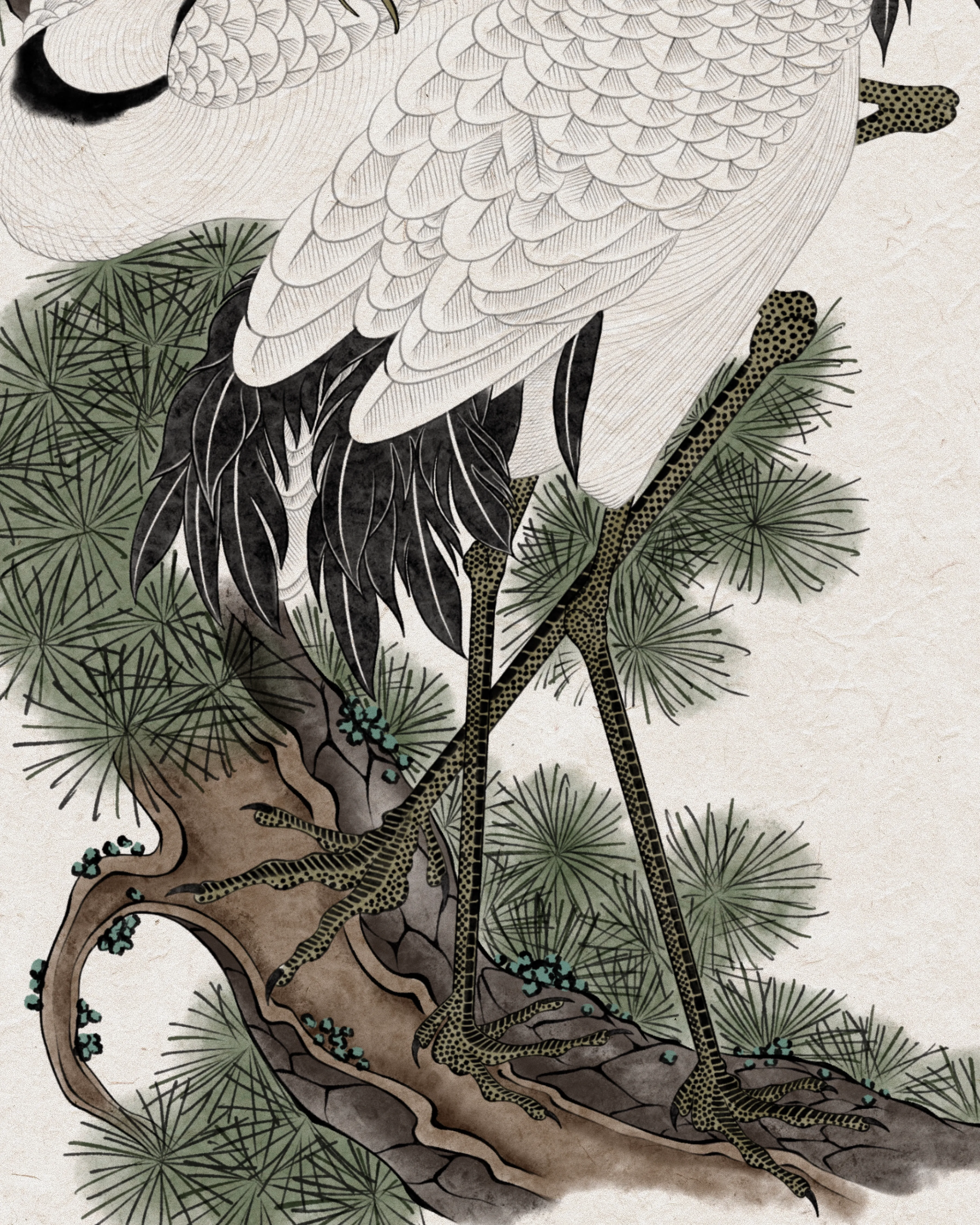 Crane & Pine — Detail · brushwork