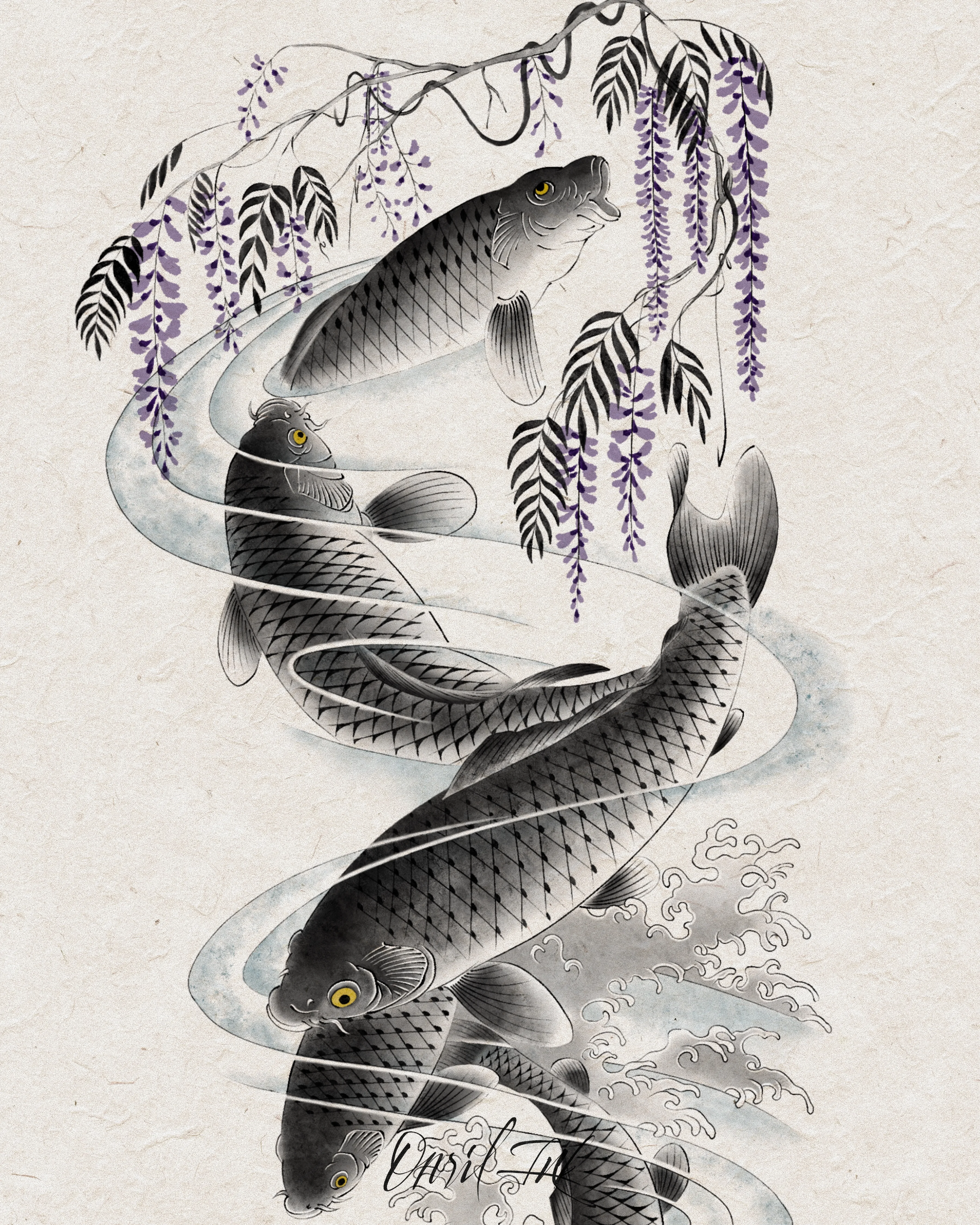 Koi and Wisteria — Detail · brushwork