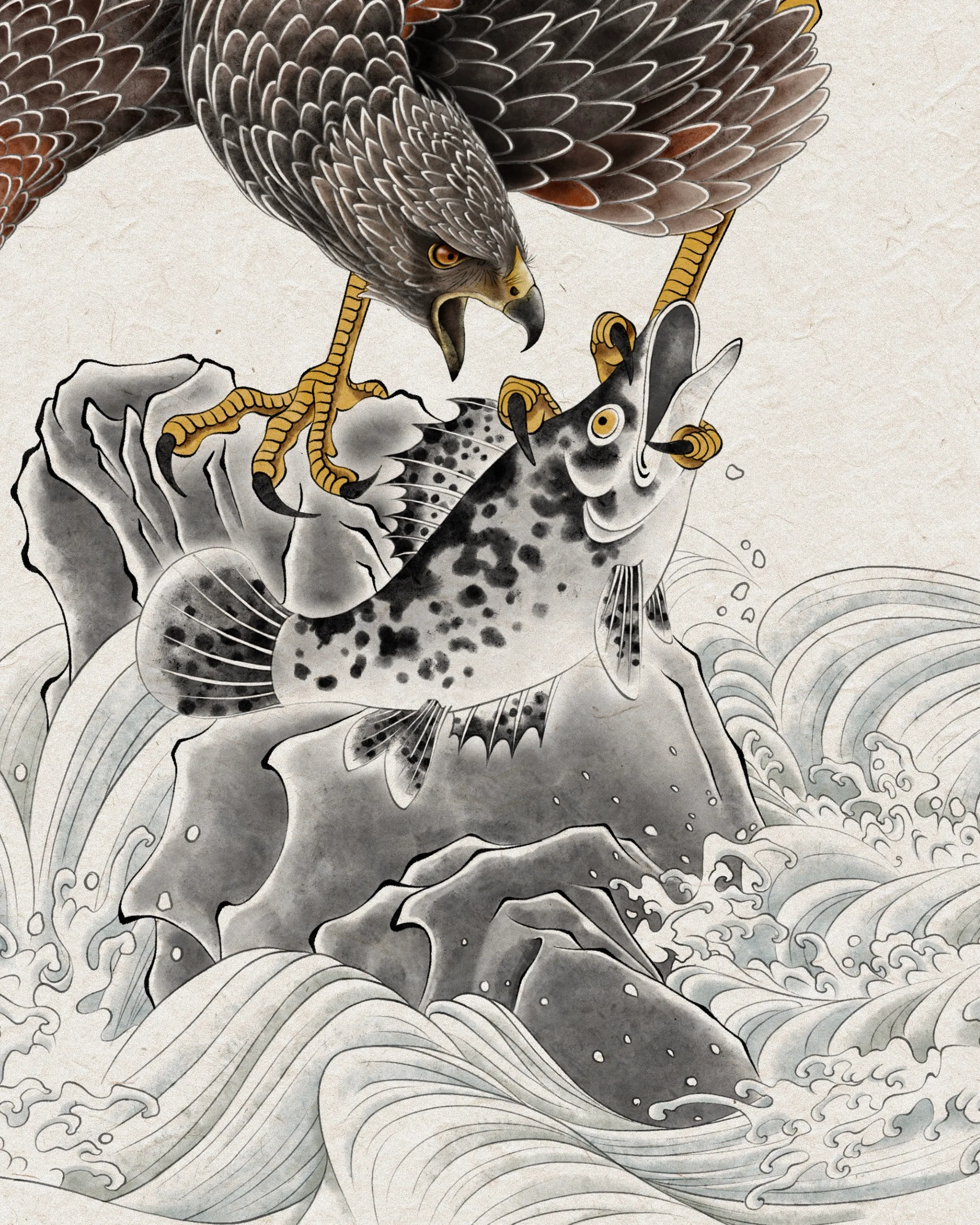 Hawk Over Rock and Waves — Hawk tattoo detail