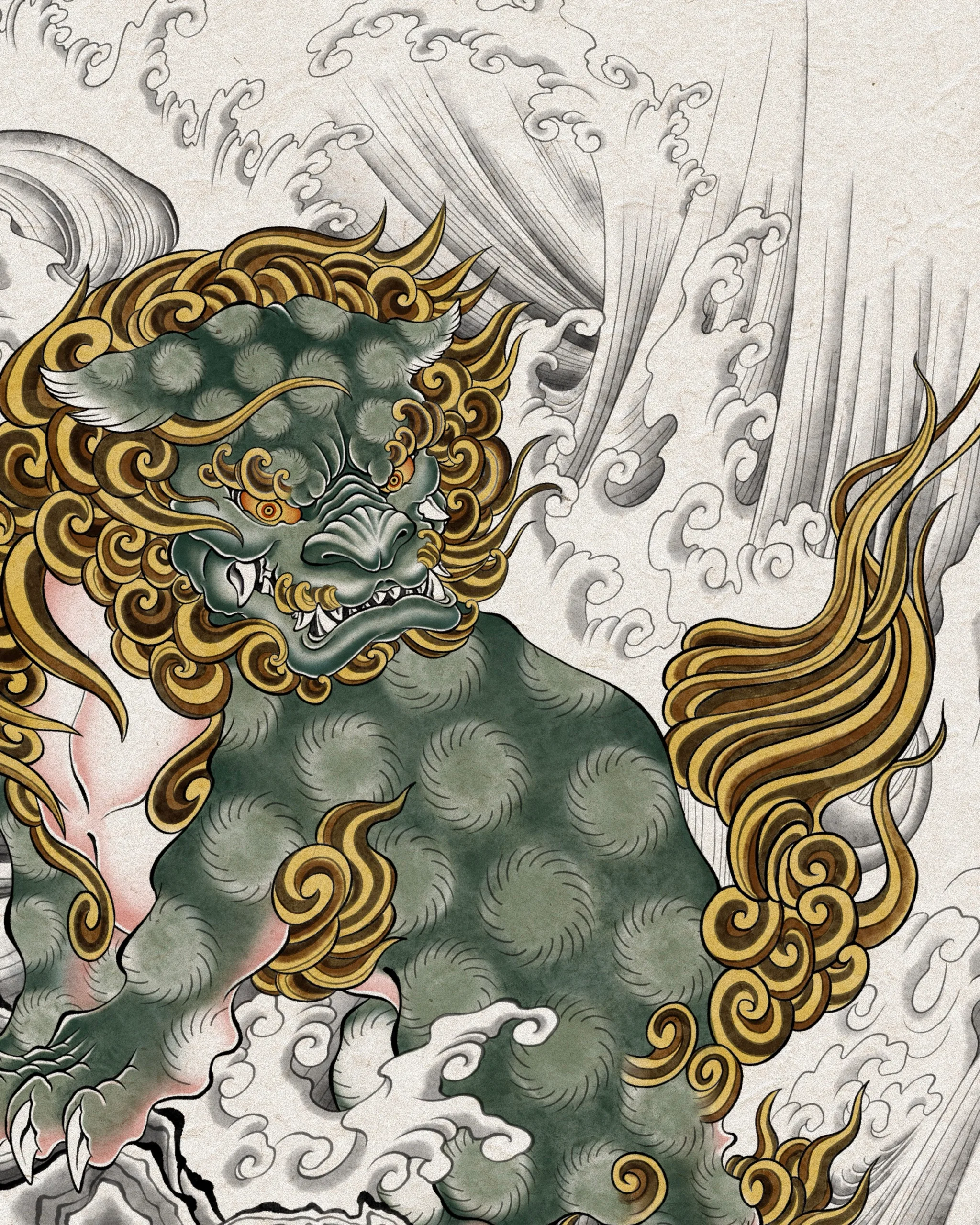 Haetae on Rock and Waves — Haetae tattoo detail