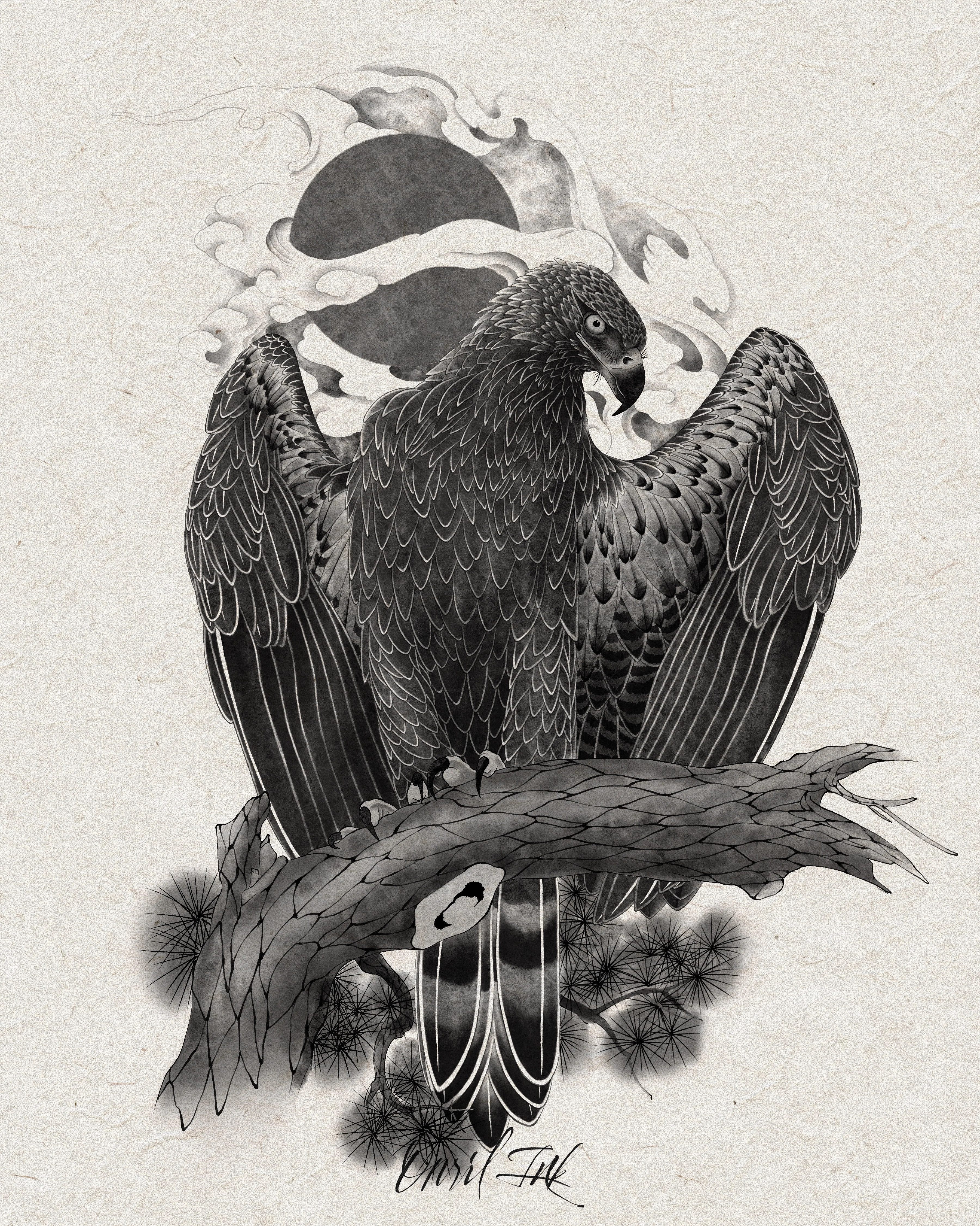 Eagle Above the Pine and Rising Sun — mono variant