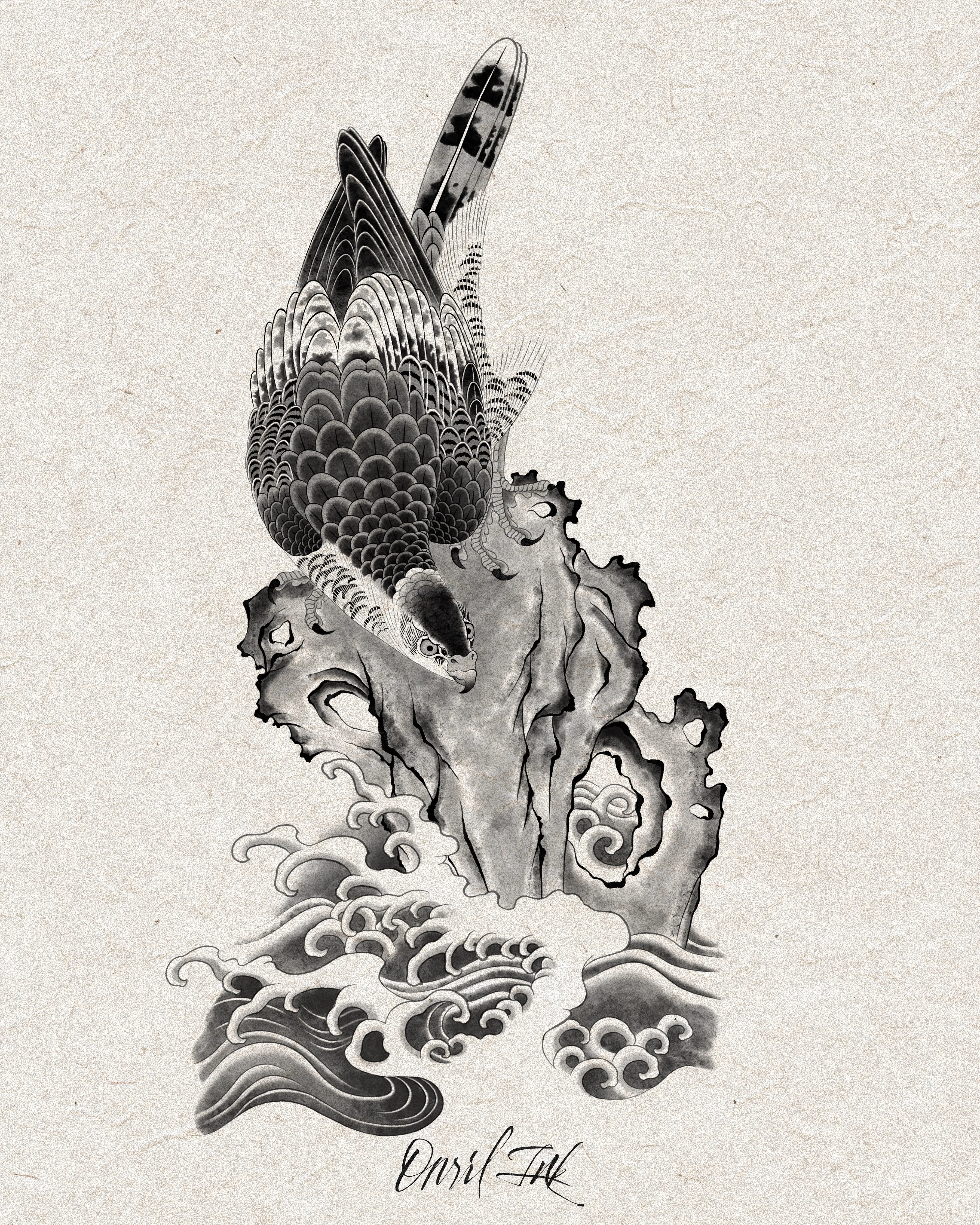 Falcon Over Rock and Waves — mono variant