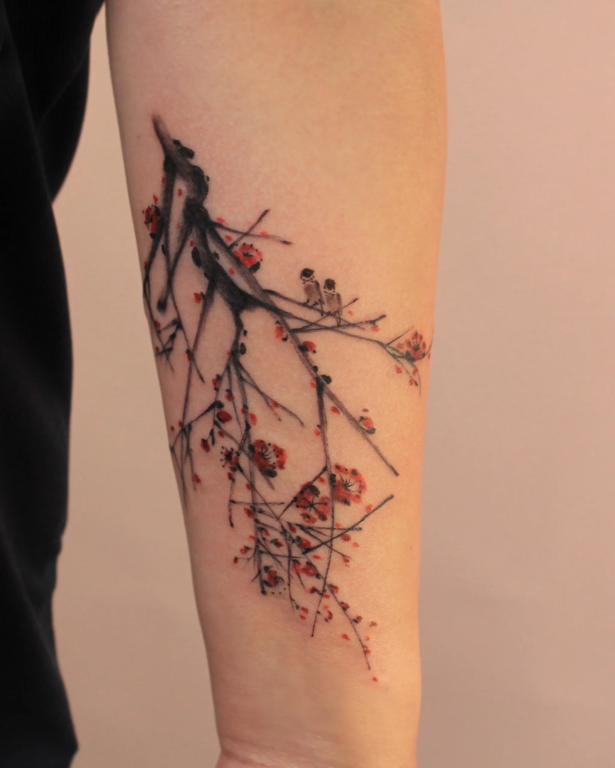 Sparrow & Plum Blossom — Korean traditional tattoo by Onsil, on the skin