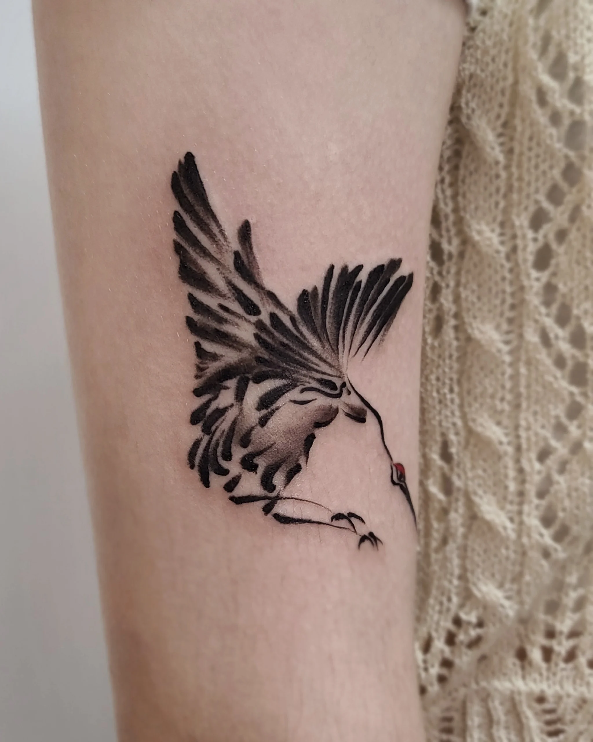 Crane in Flight (Minimal) — Korean traditional tattoo by Onsil, on the skin