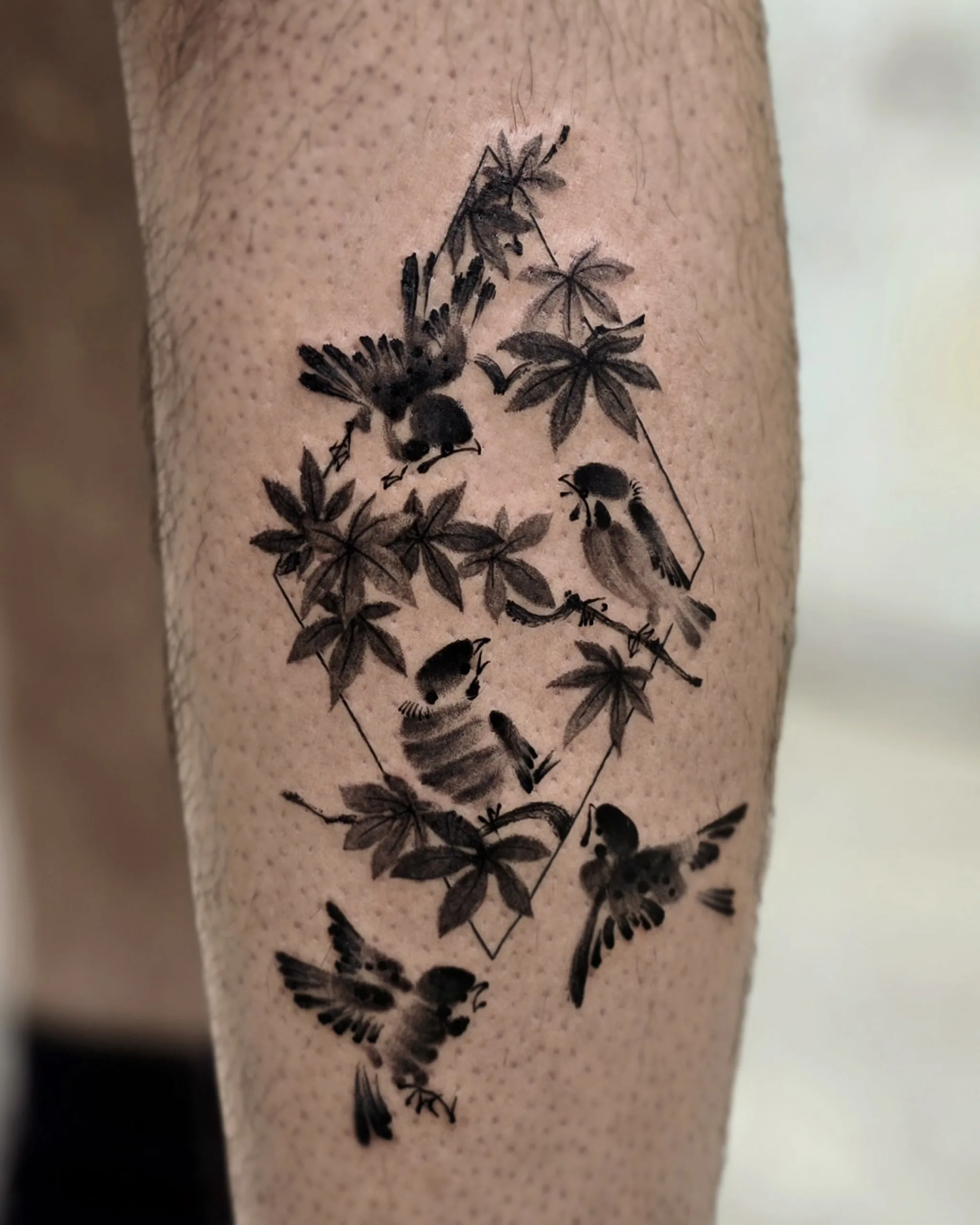 Sparrow & Maple Leaves — on the skin